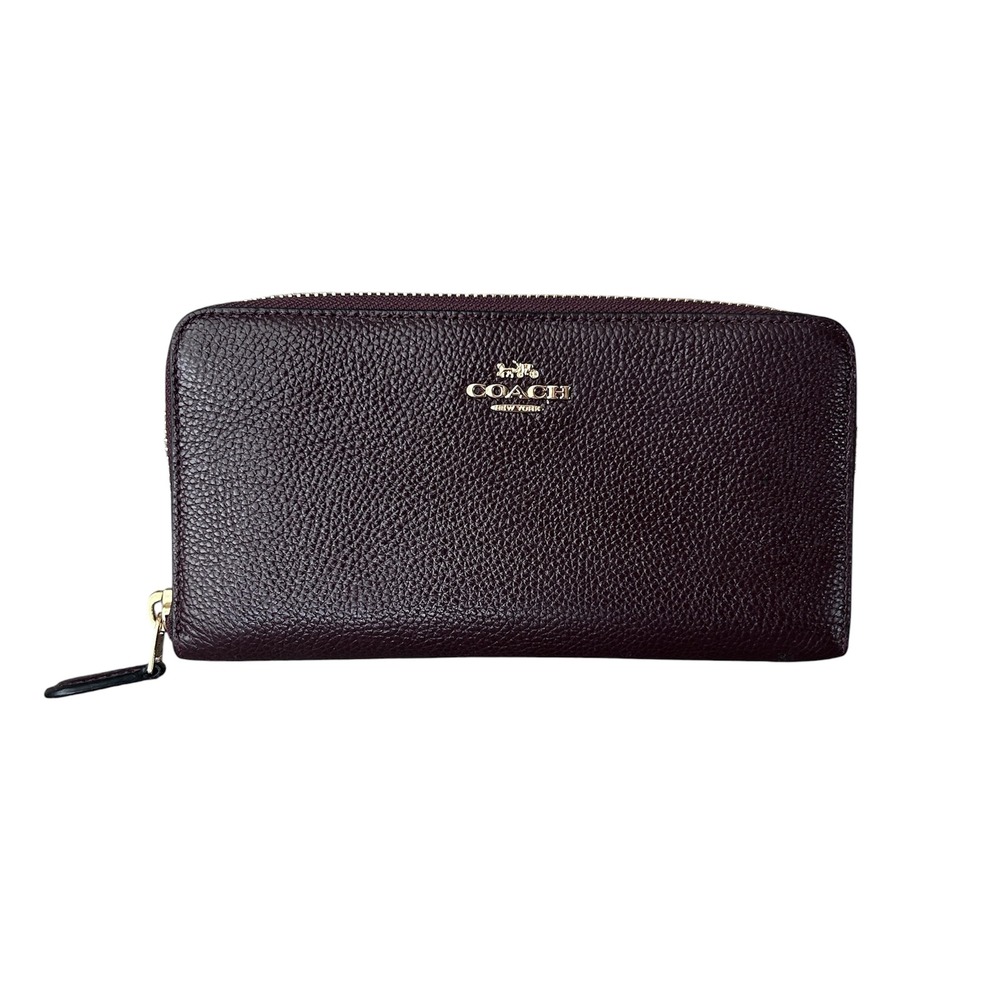 Coach Accordion Zip Wallet Oxblood Burgundy Pebbled Leather Gold Logo 58039
